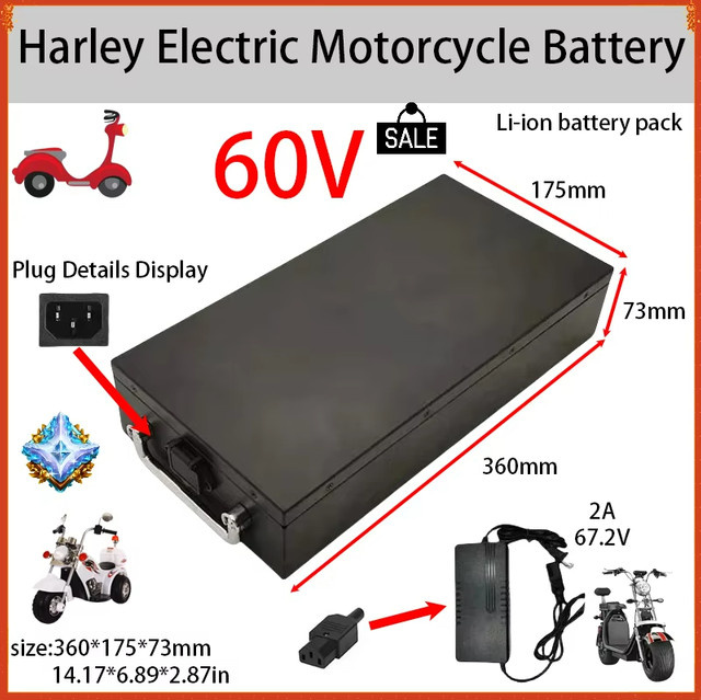 Wasserdichte Lithium-Batterie für Elektromotorräder, Dreiräder und Fahrräder mit 60V 100Ah sowie 67,2V Ladegerät in Schwarz - Bild 1