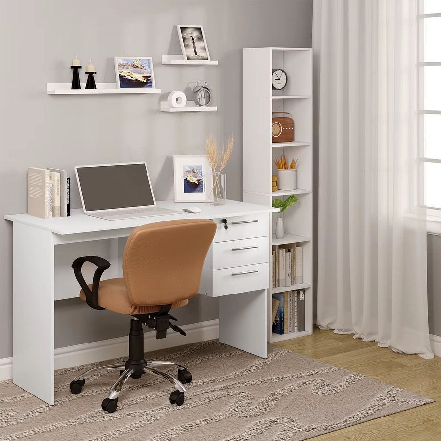 WOLTU Büro-Computertisch in Weiß/Schwarz mit 3 Schubladen und Schloss, moderner Schreibtisch aus MDF für Home-Office und Schlafzimmer - Bild 2