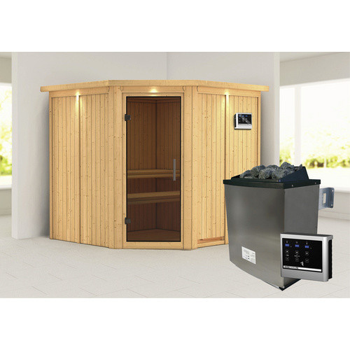 Karibu Sauna Vöru in Beige mit 9 kW Saunaofen und externer Steuerung für 4 Personen, B/T/H: 210 x 202 x 210 cm - Bild 2
