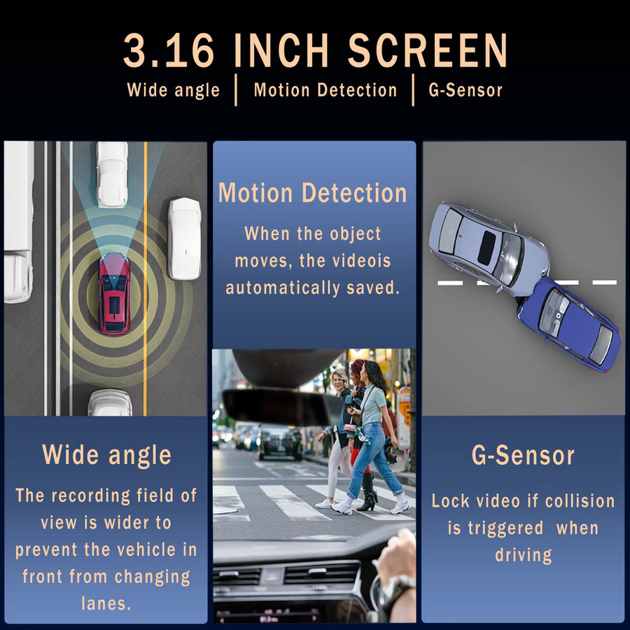 BCUOZ Dual-Objektiv-Dashcam in Schwarz mit 1080P Frontkamera und 720P Innenkamera, Full HD, 3,16 Zoll geteilter Bildschirm, Super-Nachtsicht, G-Sensor, 24-Stunden-Parküberwachung und Loop-Aufnahme - Bild 5