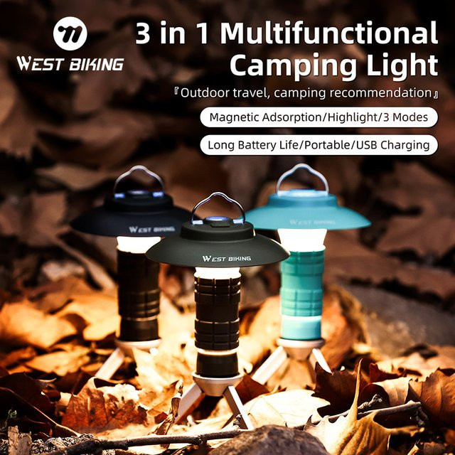 WEST BIKING 3-in-1 Multifunktionale Outdoor-LED-Taschenlampe mit USB-Ladefunktion und Haken, Schwarz - Bild 1