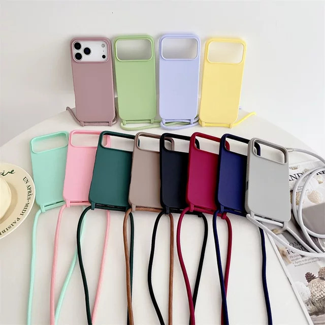 Apple iPhone Handyhülle aus weichem Flüssigsilikon mit Crossbody Lanyard Cord in Gelb für iPhone 17 Air, 16, 15, 14 Plus und 13 Pro Max - Bild 1