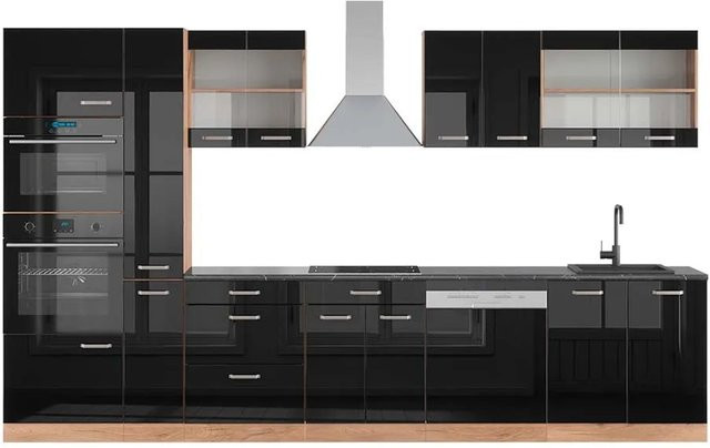 Vicco R-Line Küchenzeile Schwarz Hochglanz und Goldkraft Eiche mit Hochschrank Anthrazit, Breite: 350 cm - Bild 1