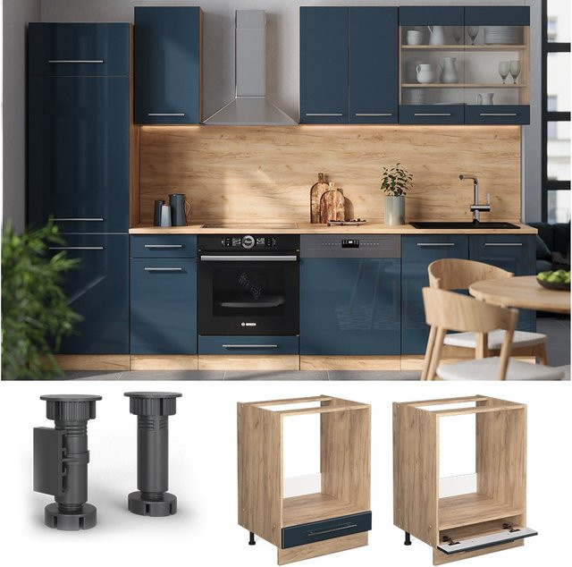 Vicco Herdumbauschrank Fame-Line Eiche Dunkelblau Hochglanz mit Soft-Closing-Scharnieren Breite: 60 cm - Bild 1