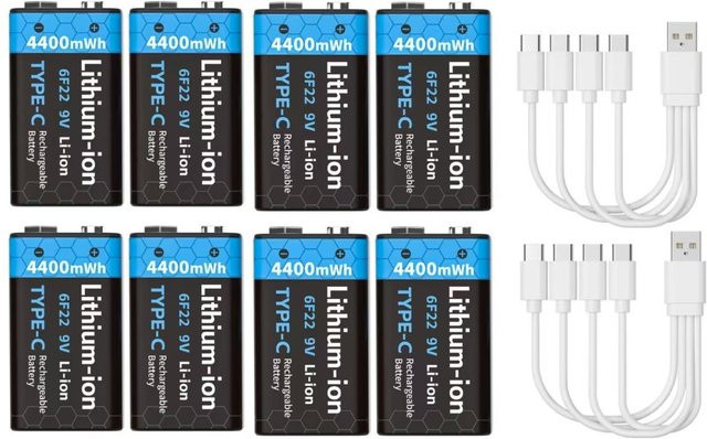 DOUBLEPOW 9V Lithium-Akku mit USB Typ-C Anschluss, wiederaufladbare 4400mWh Batterie für Multimeter - Bild 1