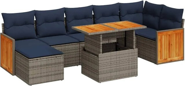 vidaXL 8-teilige Garten-Sofagarnitur in L-Form aus Polyrattan und Akazienholz mit Kissen in Braun und Grau - Bild 1