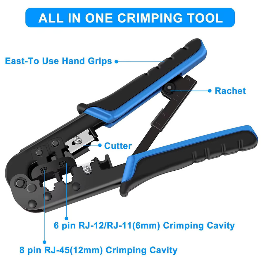 WOZOBUY RJ45 und RJ11 Crimpzange in Blau für Ethernet Netzwerk LAN Kabel mit Cutter und Stripper für 6P 8P RJ-11/RJ-12/RJ-45 - Bild 4