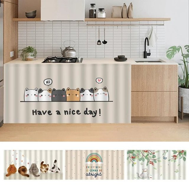 VIKAMA Happy Cat Klettverschluss-Abdeckvorhang für Schrank und Waschküche, staubdicht, Motiv Tiere, Breite: 70,0 cm, Höhe: 50,0 cm - Bild 1