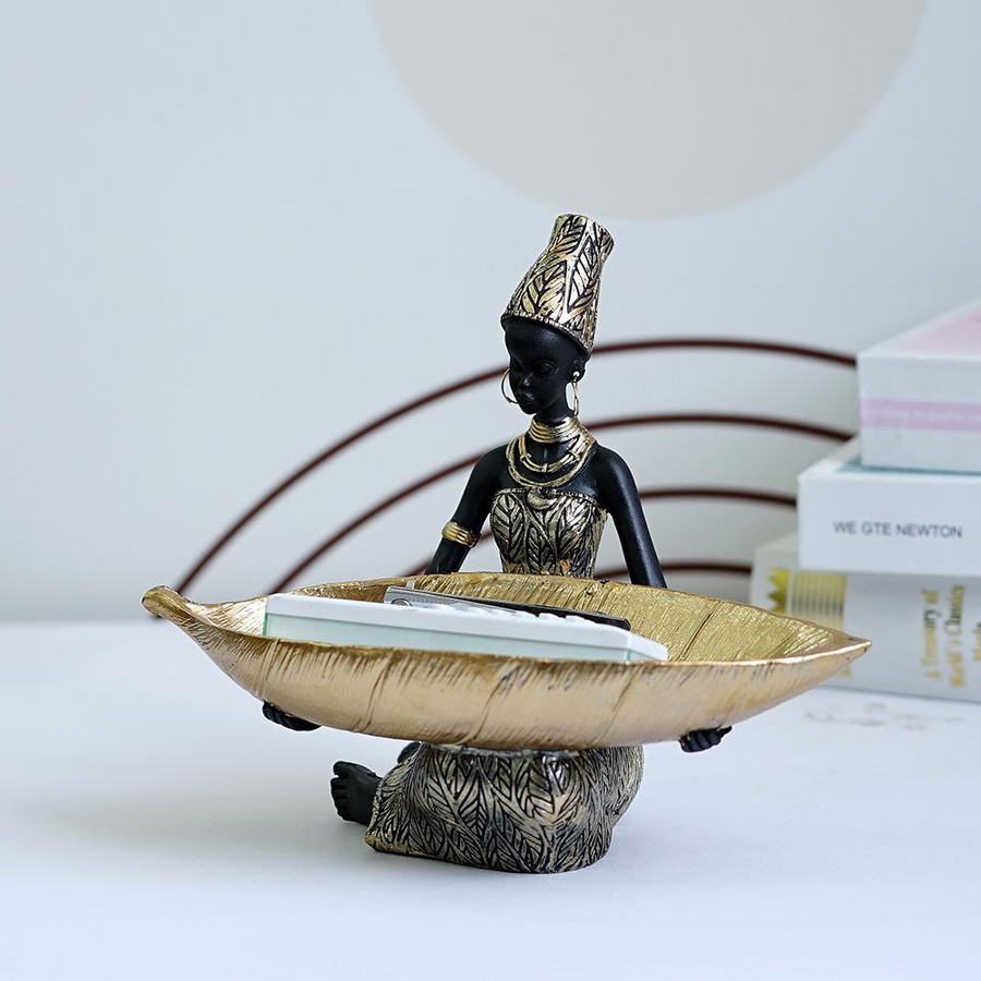 Yiran Furniture Obsttablett Afrikanische schwarze Frau im Thai Stil aus Harz, Farbe: Schwarz und Gold, B/T/H: 28 x 24,5 x 18 cm - Bild 2