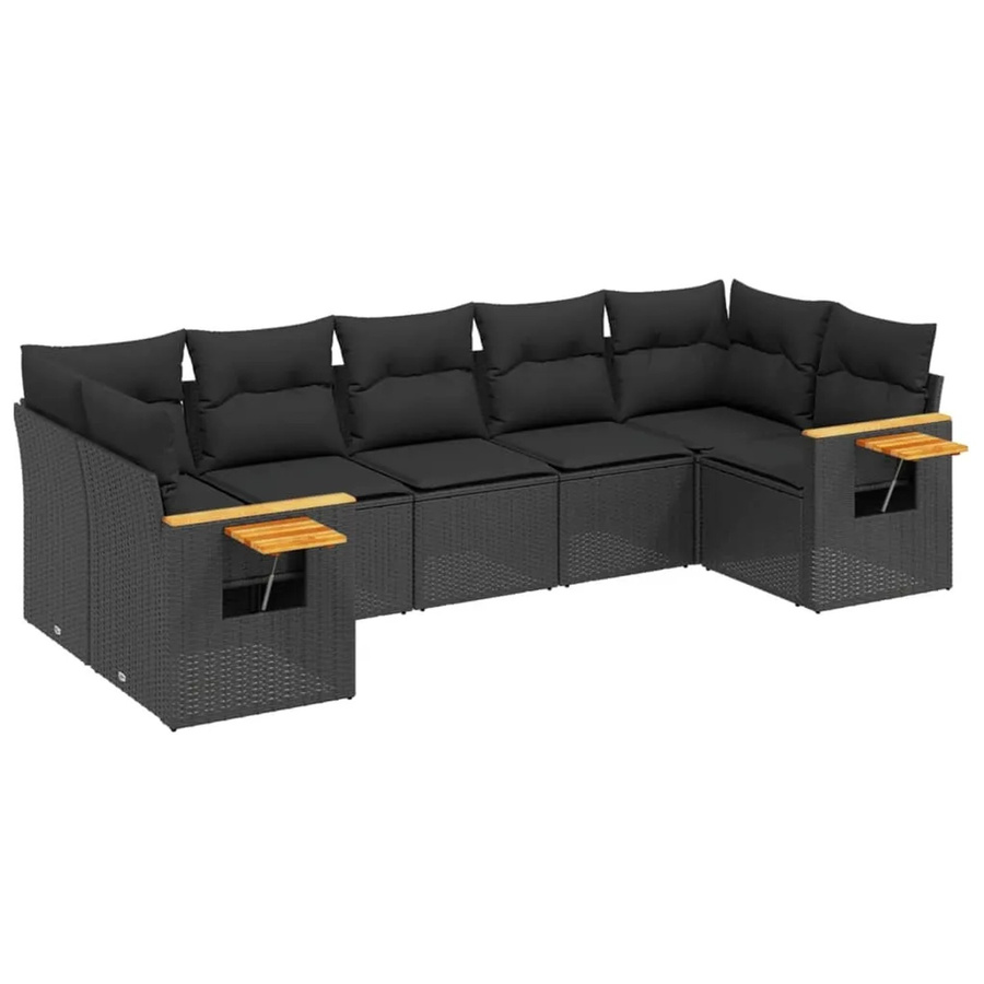 vidaXL 7-tlg Garten-Sofagarnitur in L-Form aus schwarzem Poly-Rattan mit Kissen und Akazienholz - Bild 2