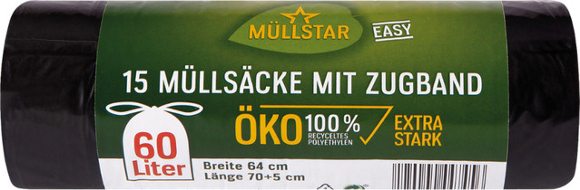 müllstar easy Öko-Müllsäcke 60 Liter mit Zugband, extra stark, schwarz/blickdicht, 15 Stück, aus 100 % recyceltem Polyethylen, B/H: 64 x 70+5 cm - Bild 1