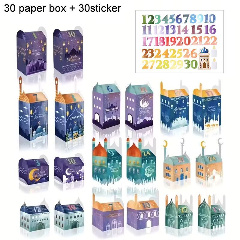30 Stück ZQNYCY Eid Mubarak Countdown-Kalender Geschenkboxen mit Zahlenaufklebern für Ramadan Süßigkeiten und Gebäck, Mehrfarbig - Bild 4
