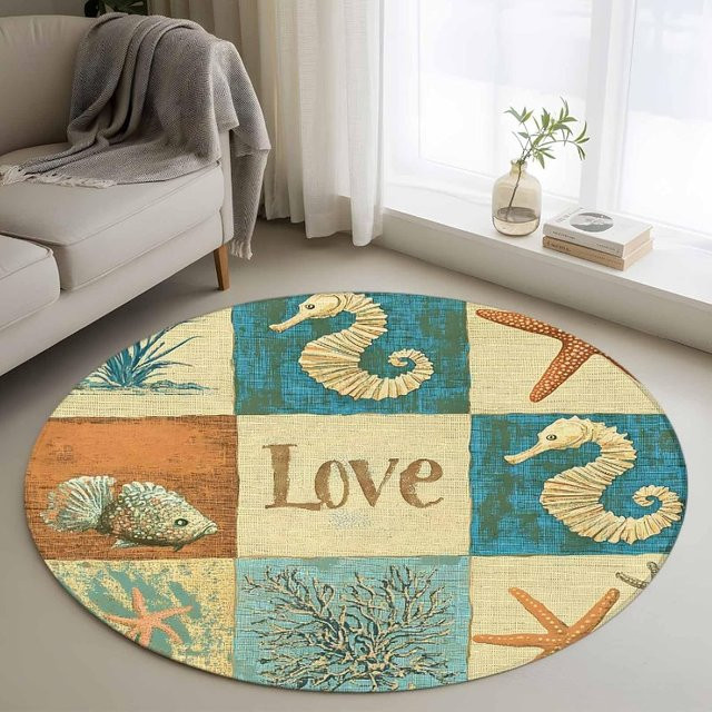 Runder Teppich im maritimen Vintage-Design mit Seepferdchen, Seestern und Fisch-Muster, rutschfeste Bodenmatte für dein Wohnzimmer, mehrfarbig - Bild 1