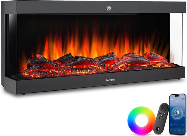 tectake Elektro-Wandkamin Luciano Schwarz mit 3D-Flammeneffekt, 2 Leistungsstufen (900 W und 1800 W), App-Steuerung und Fernbedienung, H x B x T: 38 x 91,4 x 24,5 cm - Bild 1