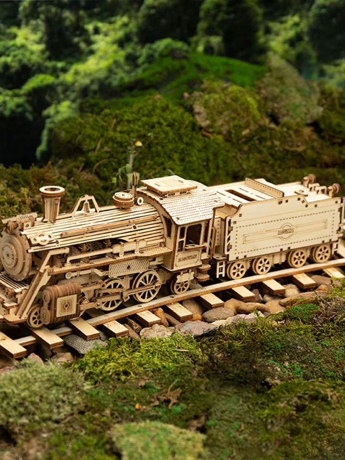Robotime Rokr 3D Holzpuzzle Dampflok, Militärjeep, Schwerlastwagen, Modellbausätze - Bild 2