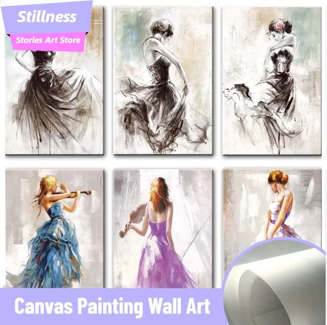 Stillness Stories Abstrakte Wandkunst Leinwandgemälde Ballerina und Mädchen mit Violine als rahmenloses Poster - Bild 1