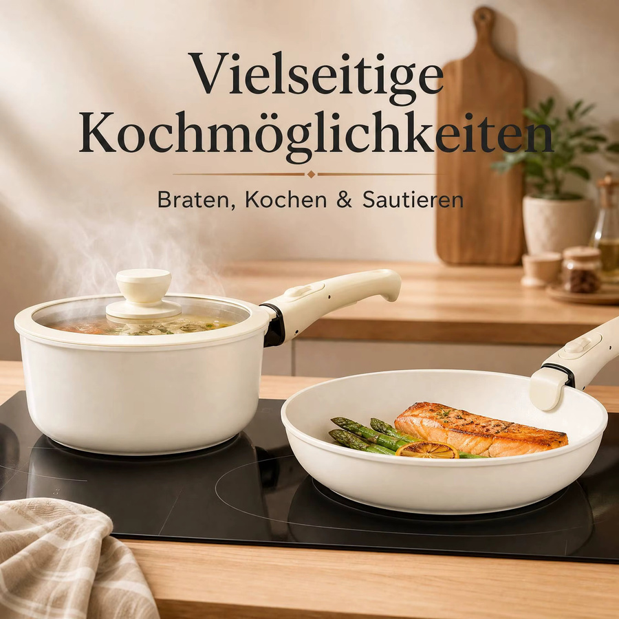 16-teiliges Keramik-Topfset mit Antihaft-Beschichtung in Weiß, stapelbares Kochgeschirr-Set mit abnehmbaren Griffen, ofenfest und für alle Herdarten geeignet - Bild 2