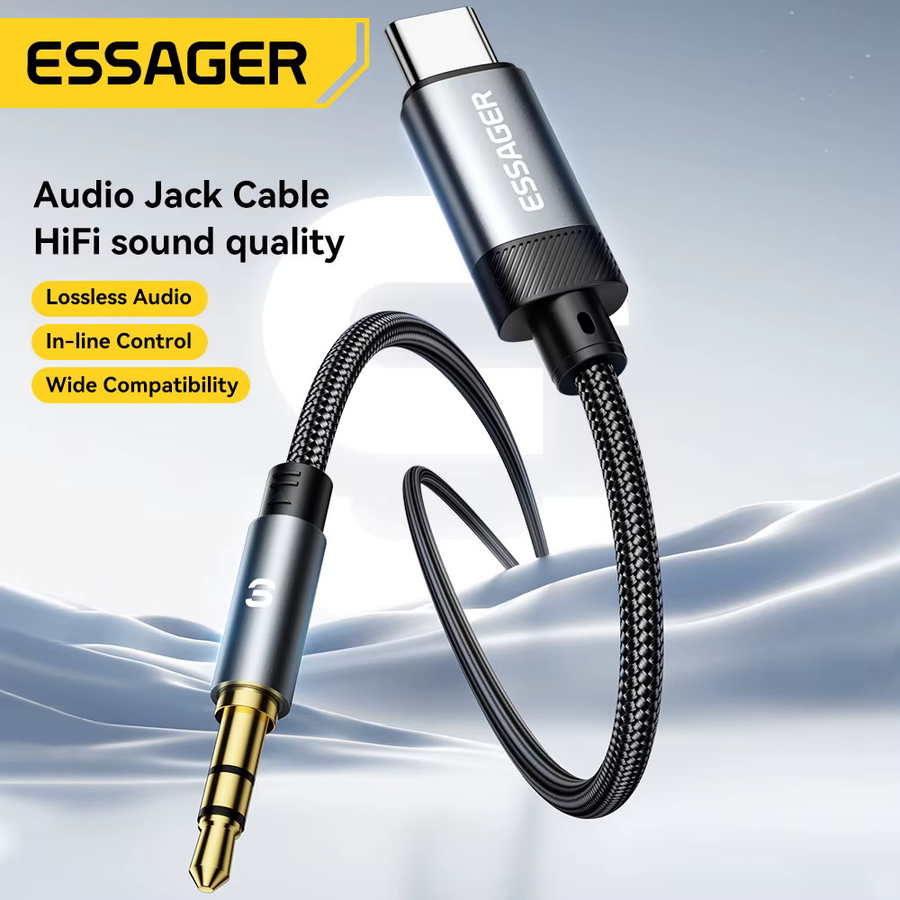 Essager USB-C auf 3,5 mm Klinke Audio-Adapter AUX-Kabel für Kopfhörer und Autolautsprecher, Schwarz - Bild 2