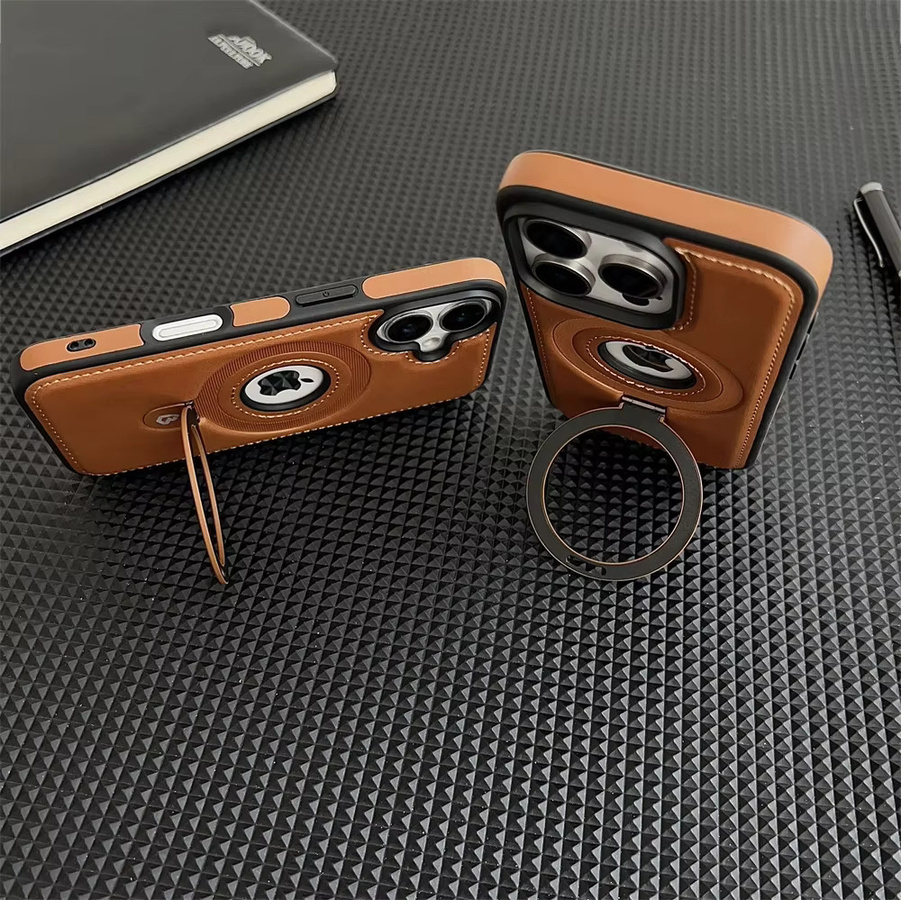 HQBBRO Luxus Leder Handyhülle mit magnetischem Ring für iPhone 16 Pro Max, 15, 14 Plus, 13, 12 mit MagSafe Kompatibilität in Schwarz und Braun - Bild 2