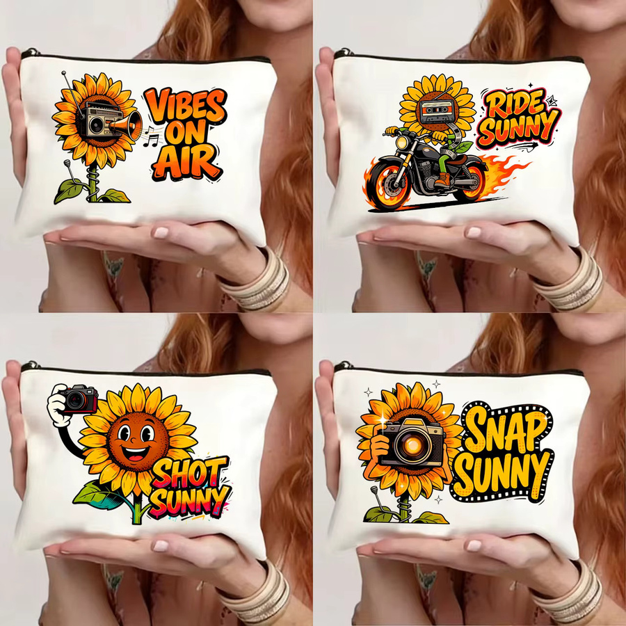 Multifunktionale Canvas-Tasche mit Sonnenblumenmotiv in Weiß als Stifteetui oder Münzgeldbörse - Bild 2