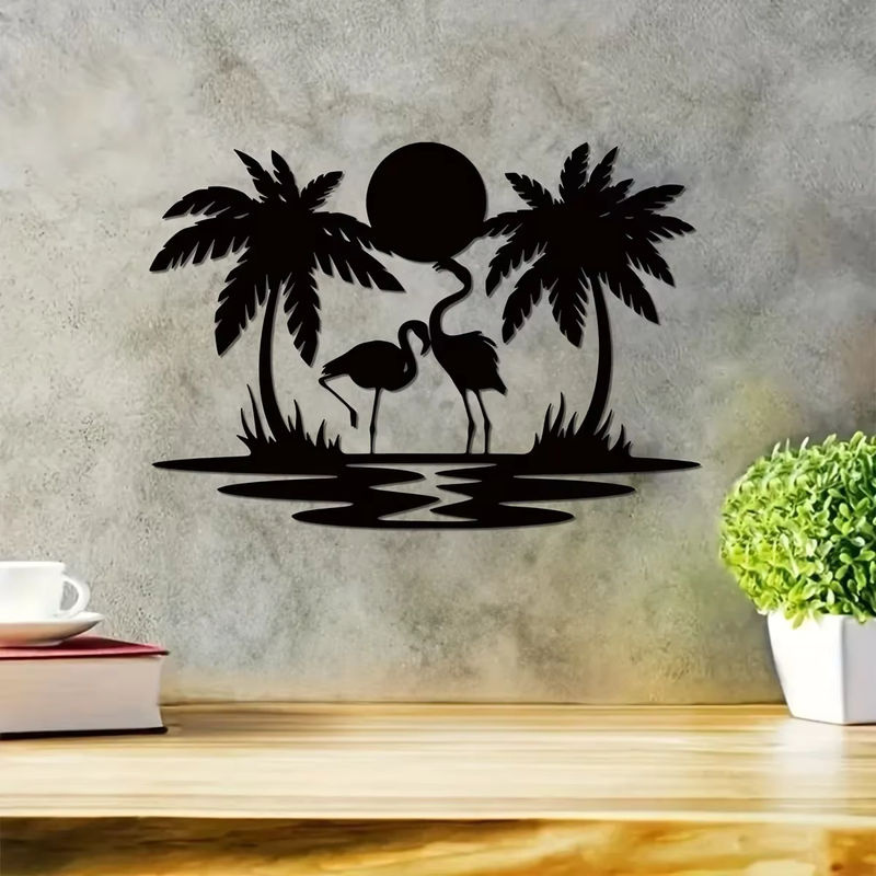 Hello young Wanddekoration aus Metall mit Flamingo, Palme und Sonnenuntergang in Schwarz - Bild 3