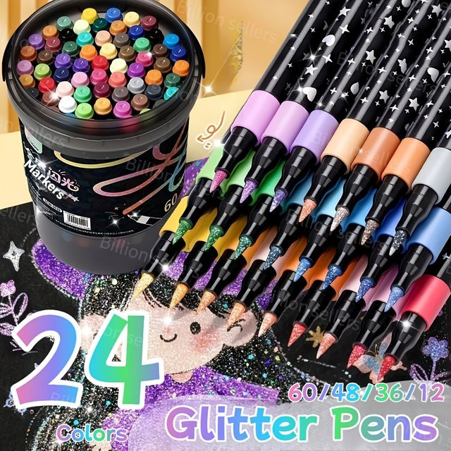 24er Glitzer-Marker-Set in Mehrfarben – Wasserbasierte Acryl-Glitzerstifte mit Pinselspitze für Kunst, Scrapbooking und Schule - Bild 1