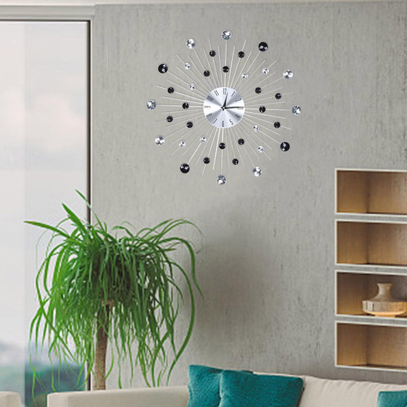 Tooarts Wanduhr aus Metall in Silber und Schwarz mit Glitzer-Effekt, analoge geometrische Dekoration für Wohnzimmer und Büro - Bild 5