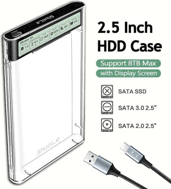 Kebidumei Smart Display HDD Gehäuse 2,5 Zoll, USB 3.2 Gen2 externes SATA SSD Speichergehäuse, transparent, grau - Bild 1