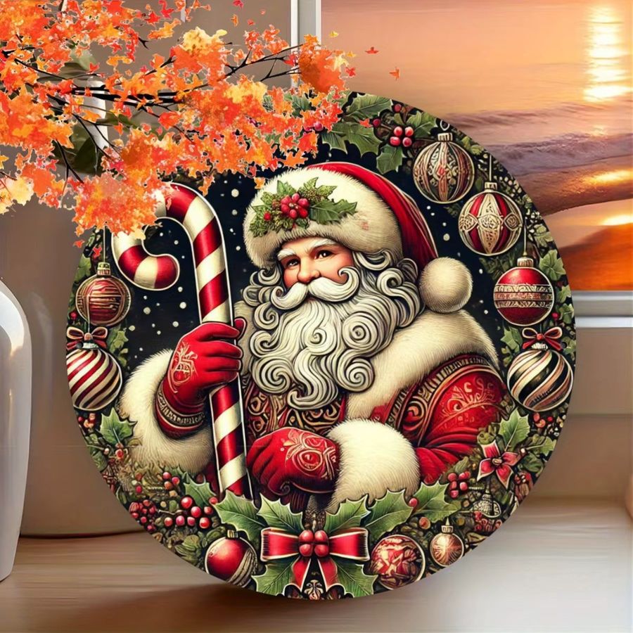 Potdemiel Weihnachtsmann Wanddekoration aus Metall, rundes Blechschild mit Kranz in Multicolor, Durchmesser: 20 cm - Bild 3