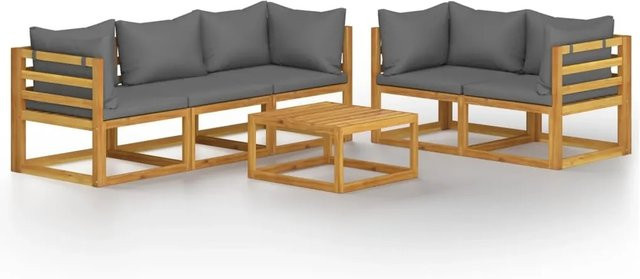 vidaXL 6-tlg Garten-Lounge-Set Modell 3 aus Akazien-Massivholz mit grauen Auflagen und Couchtisch in L-Form - Bild 1