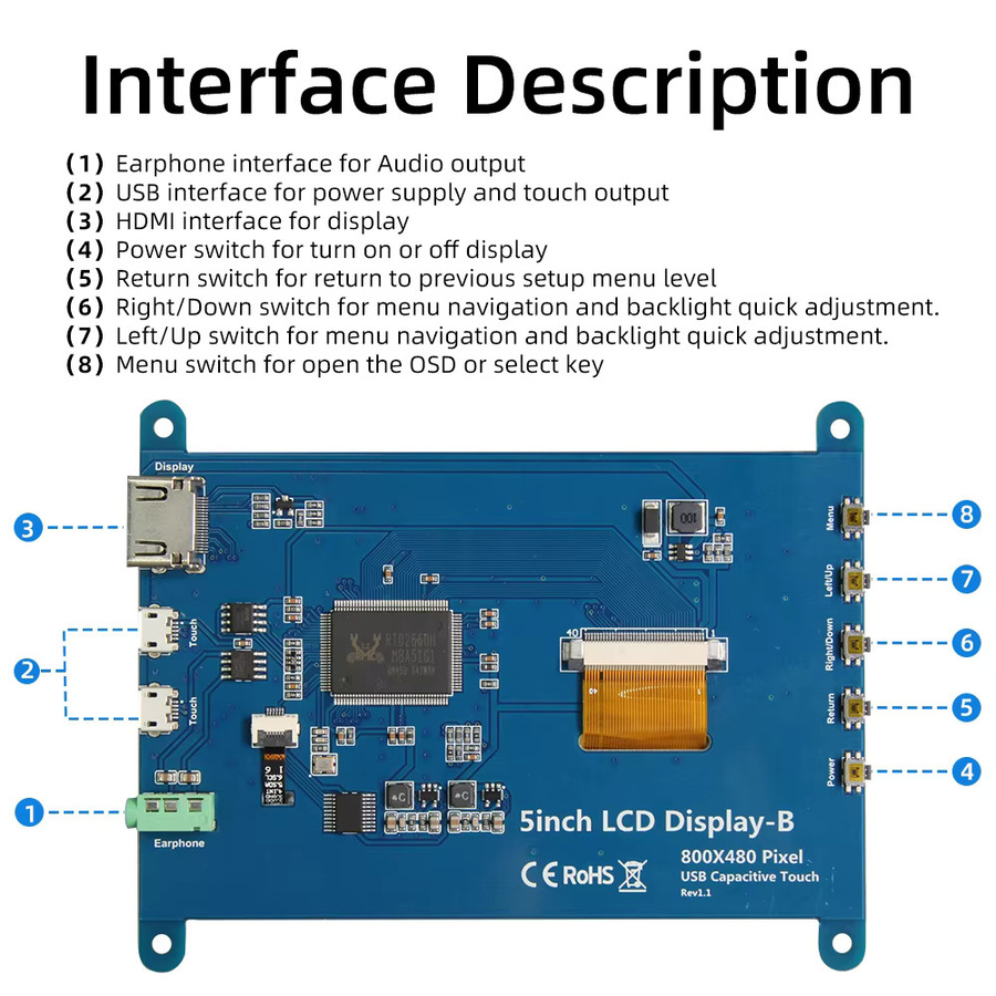 iPistBit 5 Zoll HDMI LCD-Display mit kapazitivem Touchscreen und 800 x 480 Pixeln für Raspberry Pi 5 4B 3B 2B B+ B 3A+ A+ Zero W Zero - Bild 5