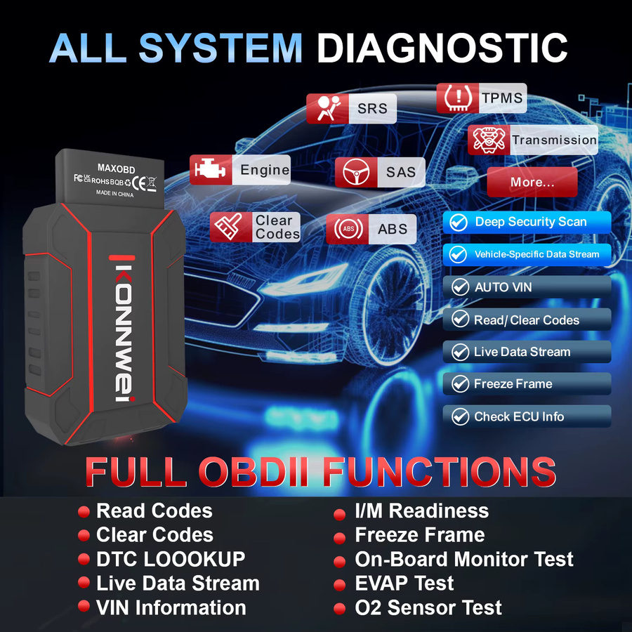 KONNWEI MAXOBD OBD2 Diagnose Werkzeug mit Bluetooth 5.2 für iOS und Android, Auto System Scanner für Motor, Airbag und ABS, Schwarz - Bild 2