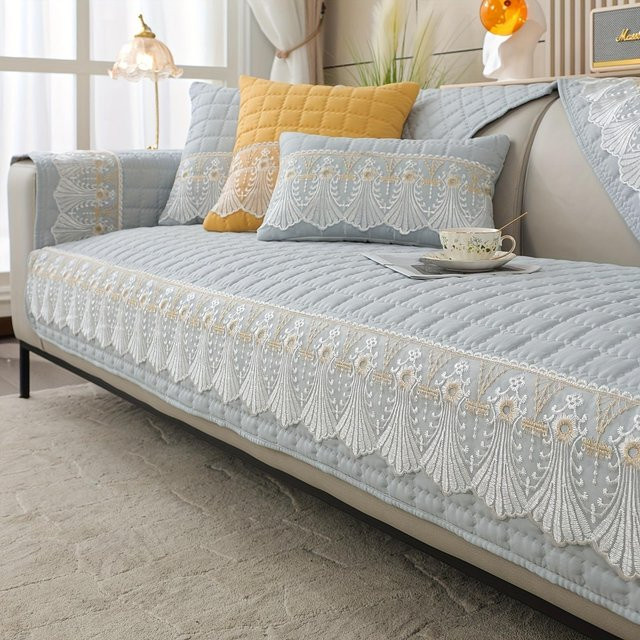 Rutschfester Stretch-Sofabezug mit karierter Spitze für Ecksofas und Chaiselongues, Grau, B/T/H: 70 x 70 cm - Bild 1