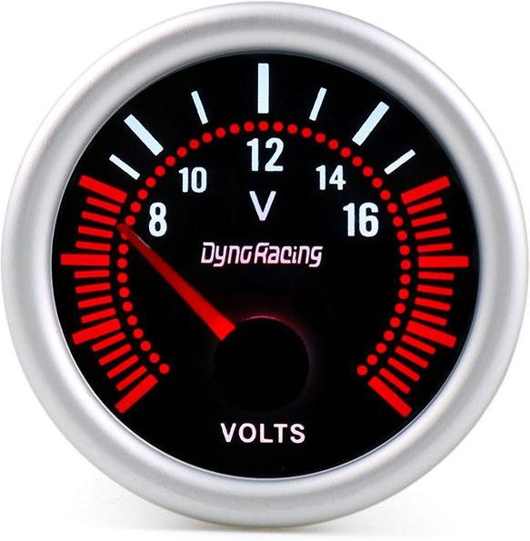 Dynoracing Universal-Voltmeter 52mm mit getönter Linse und weißer LED für 8–16 V Spannungsanzeige in Weiß - Bild 1