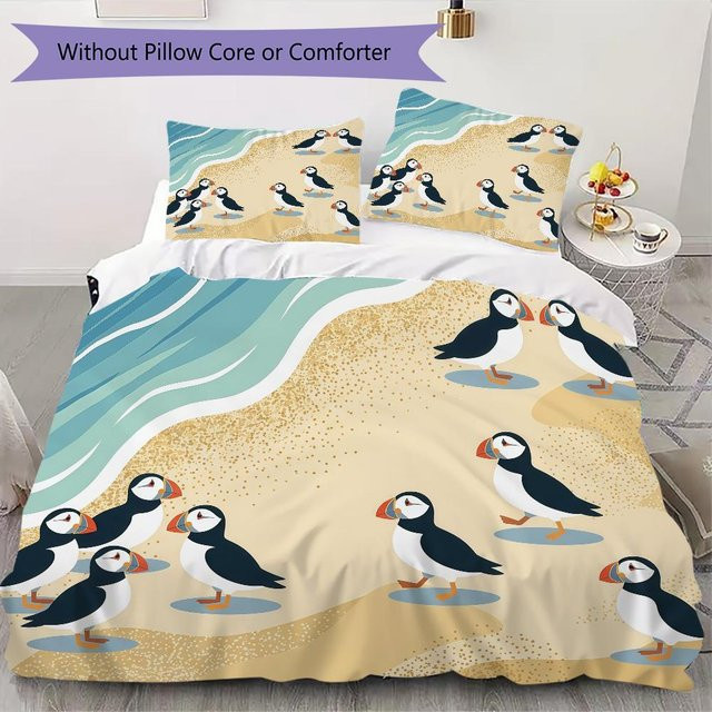 Wanghengyao Bettwäsche-Set mit Strandpapageitaucher-Muster, bestehend aus 1 Bettbezug und 2 Kissenbezügen, Mehrfarbig, B/H: 140 x 200 cm - Bild 1