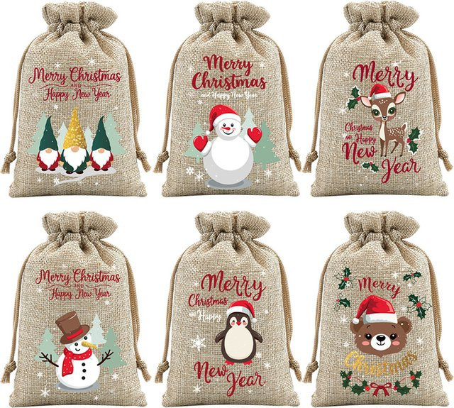 6 Stück Weihnachts-Geschenktüten aus Jute in Beige mit Kordelzug als wiederverwendbare Geschenkverpackung für Kekse und Süßigkeiten - Bild 1
