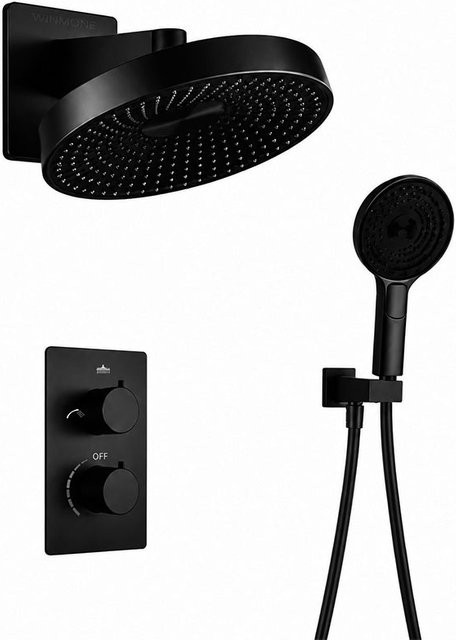 WJNMONE Badezimmer-Armaturenset mit Thermostat und Regendusche, wandmontiert, mattschwarz - Bild 1