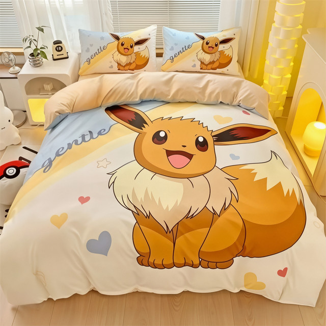 Potdemiel Eevee Bettwäsche-Set mit 3D-Druck, mehrfarbiges Anime-Bettwäsche-Set bestehend aus Bettbezug und Kissenbezug für Kinder und Erwachsene - Bild 1