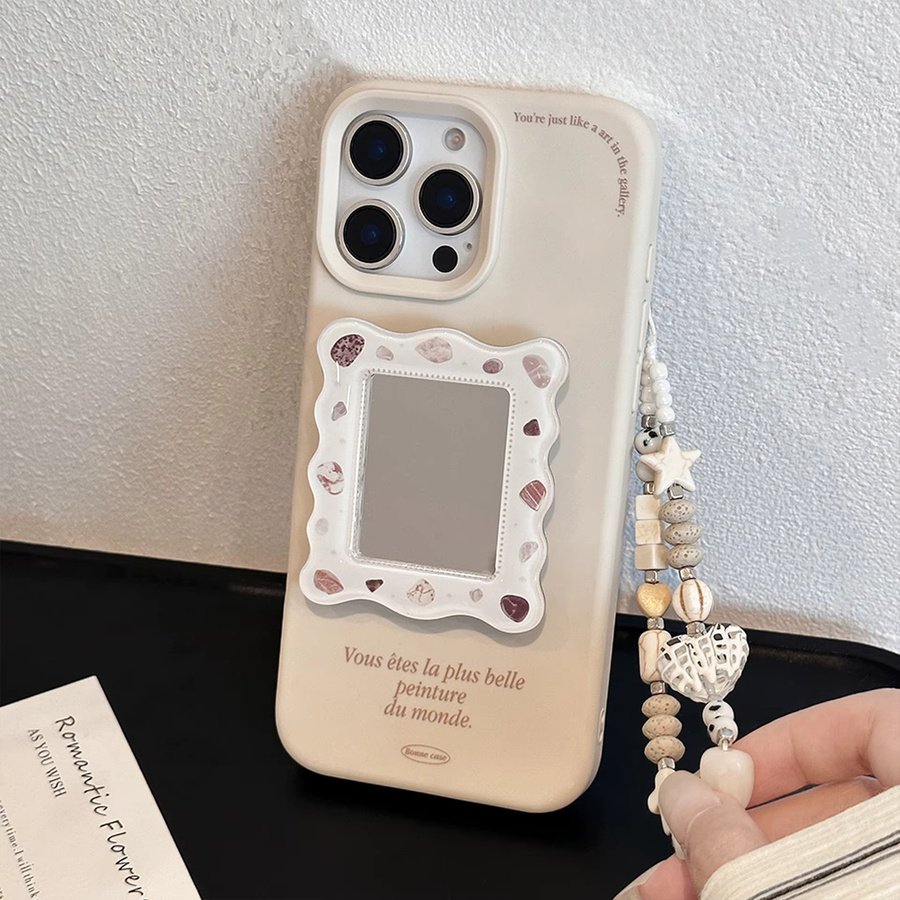 Apple iPhone Schutzhülle mit Koreanischen Buchstaben Design, Make-up Spiegel und Lanyard, stoßfeste Handyhülle für iPhone 17 16 15 14 13 12 Pro Max - Bild 3