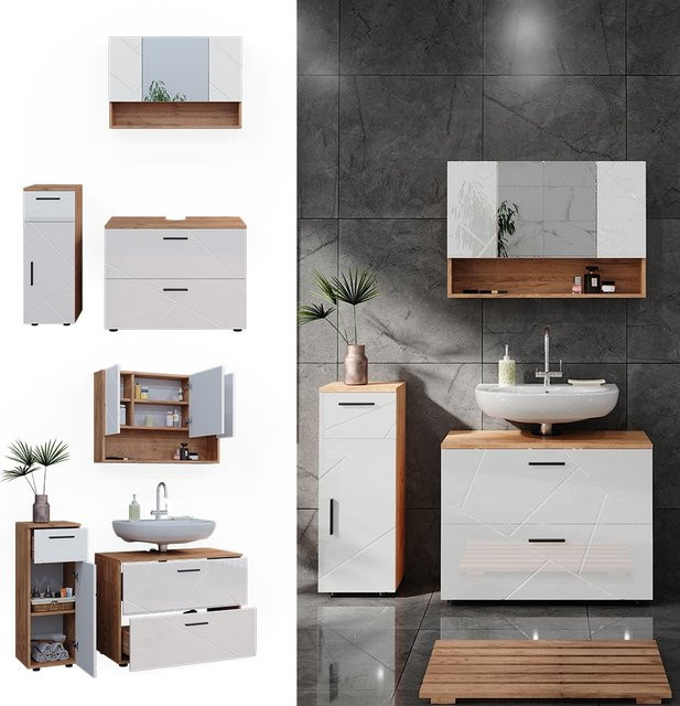 Vicco Badmöbelset Irma in Eiche und Weiß Hochglanz, 3-teiliges Badezimmer-Set mit Spiegelschrank, Waschtischunterschrank und Midischrank, Breite: 80 cm, Tiefe: 30 cm - Bild 1