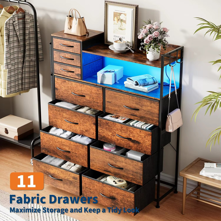 HiMISS Kommode mit 11 Schubladen aus Stoff und Metallrahmen in Schwarz und Braun mit LED-Beleuchtung und Ladestation für das Wohnzimmer - Bild 4