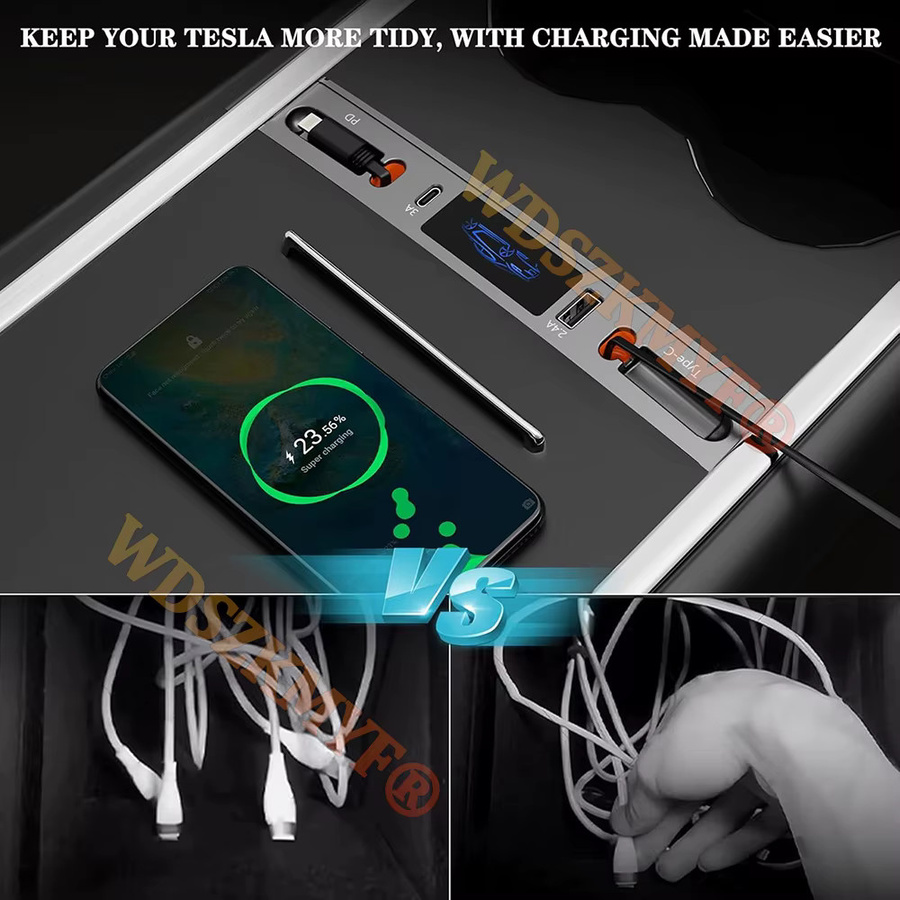 WDSZKMYF 4 in 1 USB-Ladegerät für Tesla Model 3 und Model Y mit einziehbarem Typ C Kabel, 27 W PD und QC 3.0, Schwarz - Bild 4