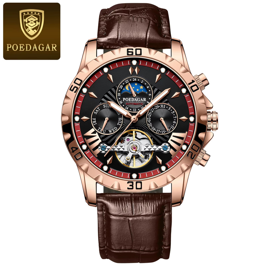 POEDAGAR Armbanduhr Automatik, Lederarmband, Roségold, Herren - Bild 7