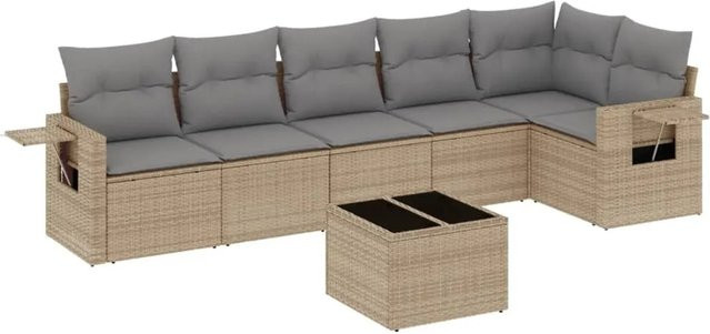 vidaXL 7-teilige Garten-Sofagarnitur in L-Form aus Poly-Rattan mit Kissen in Beige-grau - Bild 1