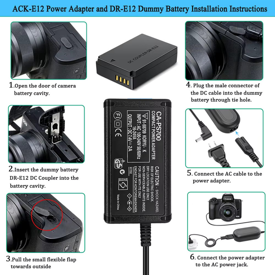 Canon ACK-E12 AC-Netzteil mit DR-E12 DC-Koppler Dummy-Akku für EOS M, M2, M10, M100, M200 in Schwarz - Bild 5