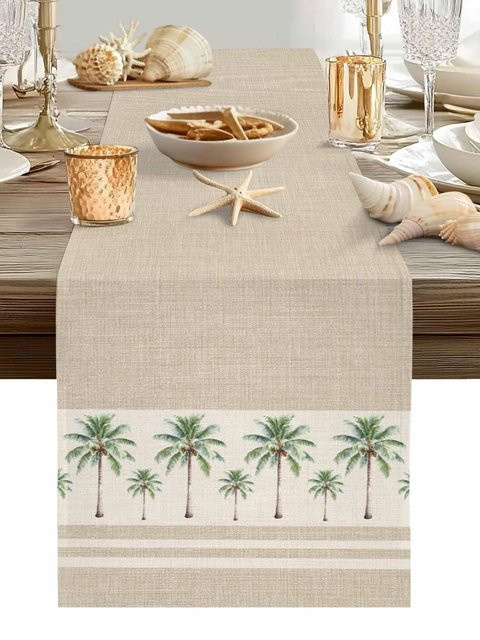 JINGYUE Pet Tischläufer aus Leinen mit tropischem Palmen-Design in Beige, B/T: 150 x 33 cm - Bild 1