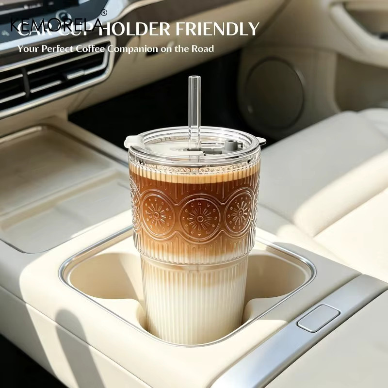 KEMORELA Glas-Kaffeetassen mit Deckel und Strohhalm, geripptes und florales Design, transparent, 590 ml - Bild 5