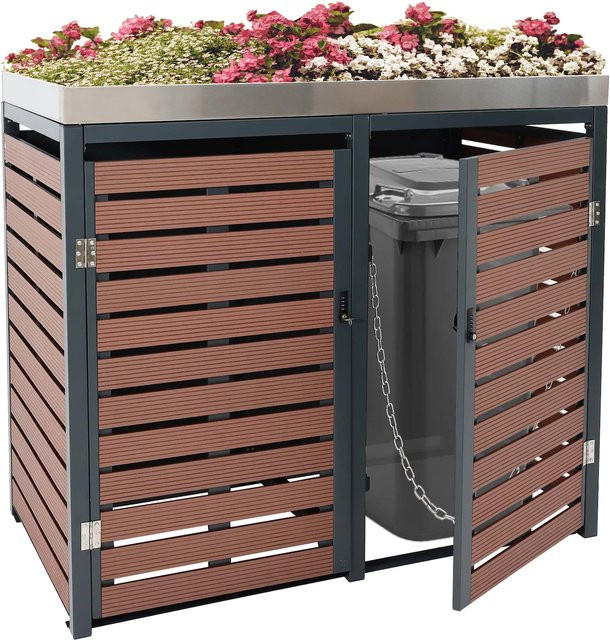 MCW 2er Mülltonnenverkleidung K14 mit Pflanzkasten aus WPC und Edelstahl in Walnuss-Holzoptik, B/T/H: 124 x 134 x 84 cm - Bild 1