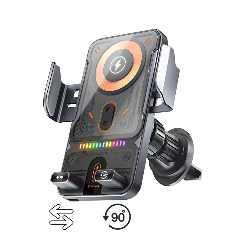 XIKCU Kabelloser Auto-Handyhalter mit One-Touch Funktion, 360 Grad drehbar und automatischem Öffnen und Schließen, Schnellladegerät für iPhone und Samsung in Schwarz oder Grau - Bild 5