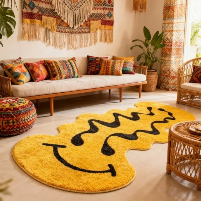 VIKAMA Abstrakter Teppich mit Smiley-Gesicht-Aufdruck in Gelb, rutschfest und schmutzabweisend für Wohnzimmer, Schlafzimmer und Flur - Bild 1